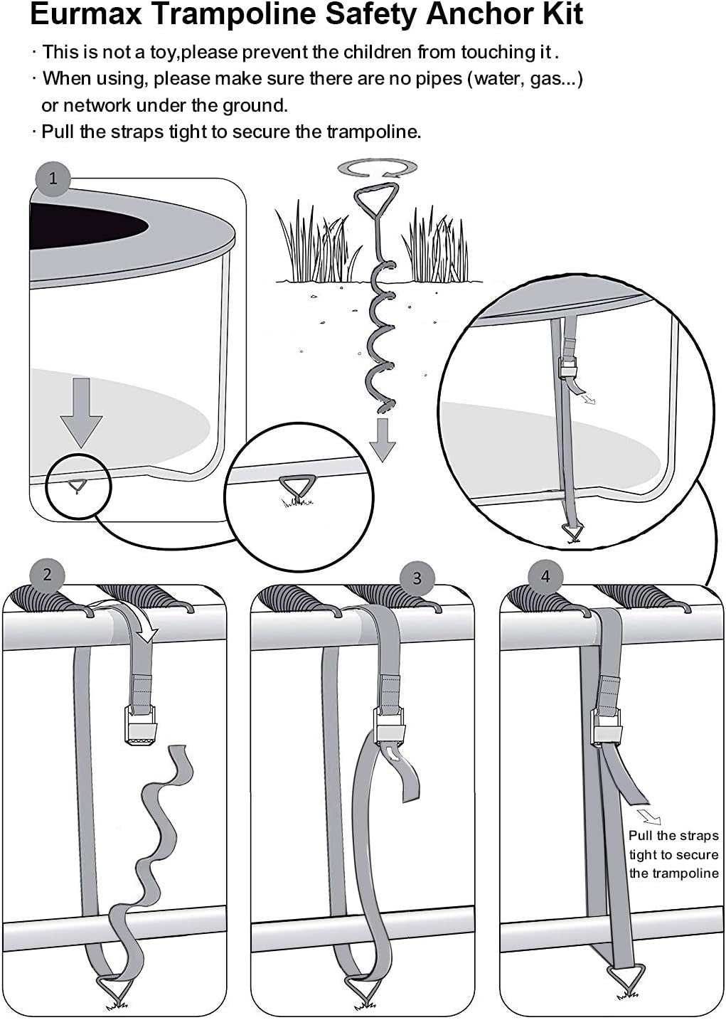 Heavy-Duty Trampoline Anchor Kit - Set of 4 Steel Corkscrew Stakes with T Hook and 4 Bonus Strong Belts