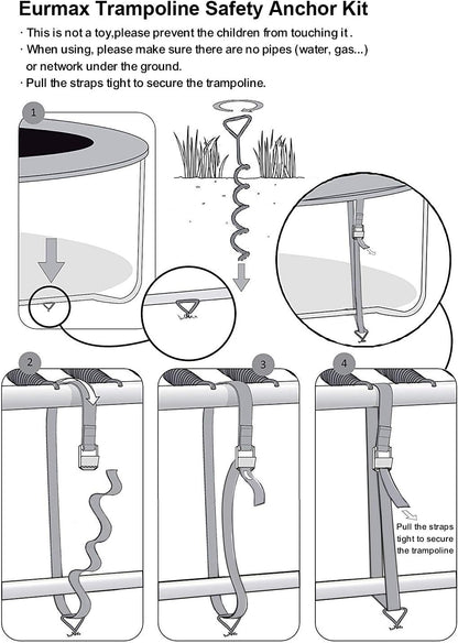 Heavy-Duty Trampoline Anchor Kit - Set of 4 Steel Corkscrew Stakes with T Hook and 4 Bonus Strong Belts