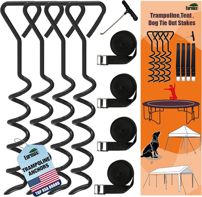 Heavy-Duty Trampoline Anchor Kit - Set of 4 Steel Corkscrew Stakes with T Hook and 4 Bonus Strong Belts